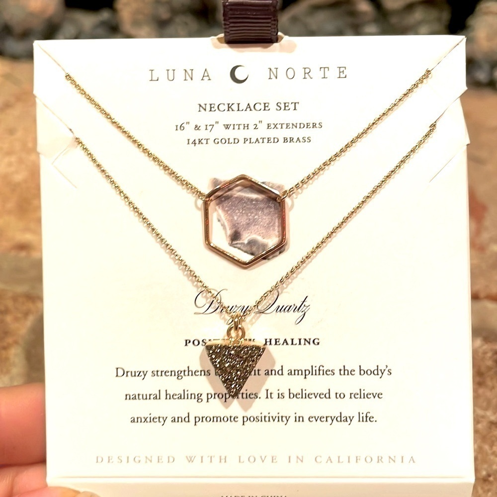 Brand New Luna Norte Set of 2 Druzy Quartz 14K Gold Plated Brass Necklaces